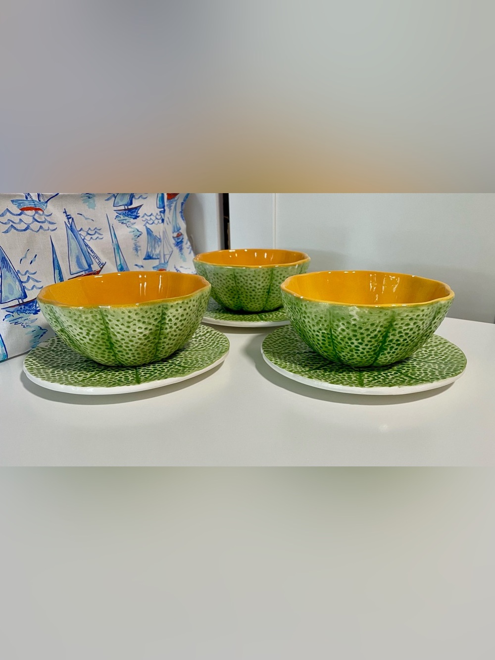 Vintage Cantaloupe Melon Bowls with Matching Plates – Set of 3